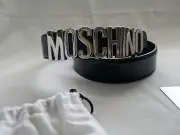 SS17 Moschino Couture Jeremy Scott BLACK LEATHER BELT WITH SILVER LETTERING LOGO