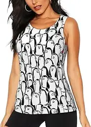 [CADREWY] Stylish Crowd of Penguins Print Comfortable Sleeveless Top Women Available Gym Tank Tops Cater Various Body Types