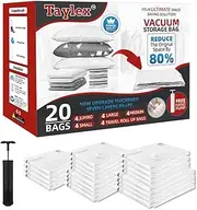 TAYLEX 20-Pack Vacuum Storage Bags - Space Saver Bags for Clothes, Bedding & Travel - 4 Jumbo, 4 Large, 4 Medium, 4 Small, 4 Roll-Up - Extra Thick 7-Layer, Waterproof, Reusable - Free Hand Pump