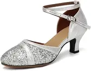 Uonpie Women's Latin Dance Shoes Sequin Closed Toe Ballroom Salsa Practice Performance Dance Shoes