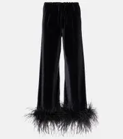 [Oseree] Oséree Feather-trimmed velvet wide-leg pants S/M black