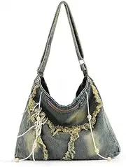 [Generic] Denim Hobo Bags for Women Retro Blue Jean Bag Casual Denim Purses and Handbags Large Capacity Tote Bag