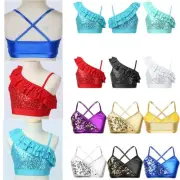 Kids Girls Sequined Ruffle Crop Top Elastic Bottom Band Dance Top Gym Dancewear