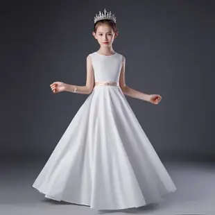 白色女童鋼琴表演服禮服珠繡修身公主裙主持人走秀禮服小提琴演湊
