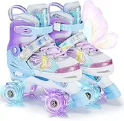 Girls Roller Skates, Butterfly Design 4 Size Adjustable Kids Roller Skates for Girls, Boy and Women, Fun Illuminating Toddlers Quad Skates for Beginners Youth Indoor Outdoor
