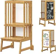 Bamboo Toddler Tower, 3 in 1 Adjustable Learning Standing Tower, Kitchen Bathroom Stool for Kids with Chalkboard, Backrest and Nonslip Feet, Anti-tip Toddler Tower for Boys Girls