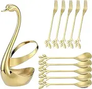 AnSaw Gold Swan Base Holder Set with 10 Pcs 4.7" Mini Leaf Teaspoons & Dessert Forks - Perfect for Appetizers,Salads,Cakes,Fruits,Cocktails,Tea,Espresso - Beautify Your Charcuterie Board Layout