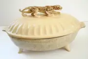 Anthropologie Hand Painted Crazed Ceramic Tureen With Leopard On Lid New