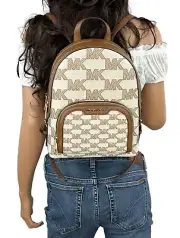 MICHAEL KORS JAYCEE MEDIUM ZIP POCKET BACKPACK MK GRAPHIC LOGO BEIGE BROWN