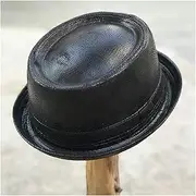 [LINCYS] Fashion Men Leather Pork Pie Hat Gentleman Flat Fedora Hat Jazz Hat(Black,58-59CM)