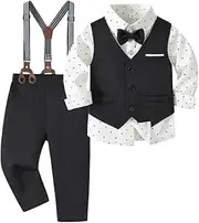 [Abolai] Toddler Boys' Gentleman Oxford Spinning Cotton Set with Cross Pattern White Shirt,Bowtie,Vest and Suspenders Pants.