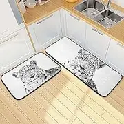 Kitchen Mats for Floor, 2 Piece, Leopard White Head Funny Cute Washable Non-Slip Kitchen Rugs Set for Home & Office, Sink, Laundry, 19.7” x 27.6” + 19.7” + 47.2”