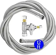Refrigerator Ice Maker Water Line Kit - 12' Braided Stainless Steel Fridge Water Line with 1/4" Compression Fittings Pex Tubing Core and Water Splitter