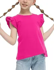 [Flypigs] Girls T Shirts Ruffle Shrit Plain Blank Tank Tops Short Sleeve Cotton Tshirts Basic Blouse 3T-10Years