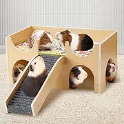 Upgraded Guinea Pig Castle, Sturdy Wooden Guinea Pig Hideout, Small Animal House Bed Hut Habitats with Stairs, Easy to Assemble for Hamsters Bunny Chinchillas Playing Hiding