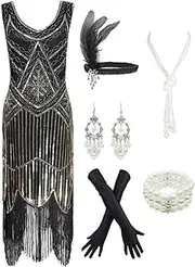 [esrtyeryh Women Costume] 1920s Gatsby Sequin Fringed Paisley Flapper Dress with 20s Accessories Set