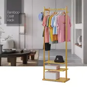 Bamboo [CLOTHING ROD+PANT HOLDER] 3-Tier Shelves Clothes Rack w/Coat Hanger Hook