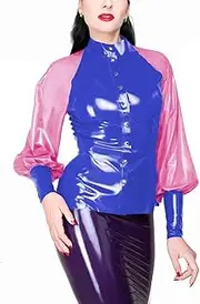 [ERFSQIYALHJ] Women Patckwork PVC Sexy High Neck Button Long Sleeve Shirt Blouse Office Lady Tops7XL