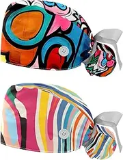 [YTYVAGT] 2-Pc,Nurse Scrub Caps,Scrub Hats with Buttons and Cotton Sweatband,Abstract Colorful Floral Pattern