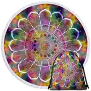 White Flower Mandala over Colorful Space Round Beach Towel