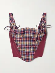 [Vivienne Westwood] Vivienne Westwood - Puppy Mesh-trimmed Checked Linen And Cotton-blend Bustier Top - Red - IT44 IT 44 Red