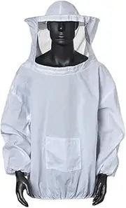 Professional Beekeeper Jacket, White Large Beekeeping Suit, Long Sleeve Hood Pull Over with Hat Veil, Smock Protective Suit for Beginner & Professional Beekeepers