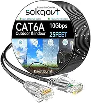 Cat6a Ethernet Cable Slim 25ft Outdoor&Indoor, 28AWG Pure Copper Cat6 Internet Cable for Waterproof & Direct Burial, Flexible Cat6 Ethernet Cable 10G 550MHZ, Cat 6 Network cable for Indoor Black