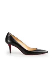 Black Leather Point Mid Heel Pumps