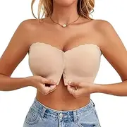 [Sexy Code 1701] Strapless Front Closure Bra with Clear Strap Non-Slip Bandeau Seamless Non Padded Tube Top Bralette, Beige(padded), Small