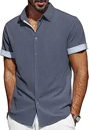 [PJ PAUL JONES] Mens Short Sleeve Button Down Shirts Casual Wrinkle Free Dress Shirts Plaid Contrast Summer Beach Shirt