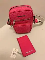 Michael Kors Jet Set MD Pocket Crossbody Bag + Flat Card Case Wallet-Dragonfruit