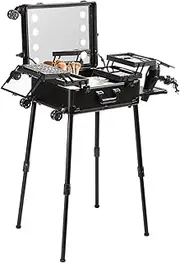 VEVOR Makeup Train Case with Lock, Lighted Mirror, 4 Storage Trays, Brush Holder, Speaker Travel Cosmetic Organizer Box w/Swivel Wheels, Professional Artist Trolley Studio Free Standing Case