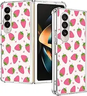 SuzaCase Clear Case for Samsung Galaxy Z Fold 4 - Samsung Z Fold 4 5G Case with Stylish Strawberry Pink Pattern Printed Durable Clear Shockproof Drop Protection Back Case for Samsung Z Fold4
