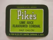 PIKES LIME JUICE FLAVOURED CORDIAL LABEL in EXCELLENT UNUSED CONDITION c1960s