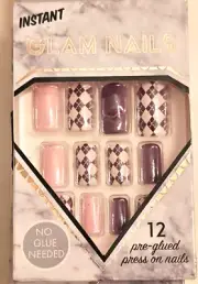Instant Glam Nails 12 press on pre glue nails Pink & Red Print in set