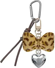 Leopard Bow Keychain Accessories Y2k Heart Bag Charms for Handbags Tote Bag Fluffy Bow Charms for Purse Leopard Print Fuzzy Charms for Girls Women Vintage Y2k Silver Heart Keychains for Car Keys