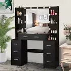 Modern Make up Desk LED 3 Light Modes Mirror Set Black 7-Drawers Dressing Table