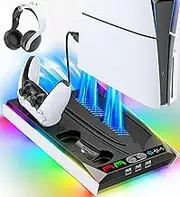 Rysker PS5 Pro & PS5 Slim & PS5 Stand with 3-Level Fan for PlayStation 5 Console, PS5 Cooling Stand with PS5 Controller Charger for Dual & Edge Controller, PS5 Vertical Stand Accessories