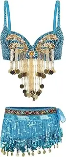 [TiaoBug] Women 2Pcs Belly Dance Dress Sequin Tassel Bra Top with Fringe Hip Scarf Set Carnival Rave Party Clubwear