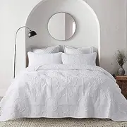 Damask Quilt Queen Size Bedding Sets with Pillow Shams, Boho Soft Lightweight Bedspread Coverlet, White Quilted Blanket Thin Comforter Bed Cover for All Season Spring Summer, 3 Pieces, 90x90 inches