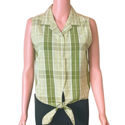 Green Plaid Silk Linen Top 10 Sleeveless Tie Front Button Up Shirt Tommy Bahama