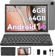 Tablet, 10 inch Android 14 Tablets with Keyboard, 6GB RAM 64GB ROM 1TB Expand, 1280x800 Touch Screen, Quad-Core Processor, 6000mAh Battery, Dual Camera, WiFi 5,Bluetooth 5.0