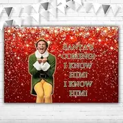 ABINE Red Christmas Backdrop 5x3ft Santas Coming I Know Him Banner Background for Garage Door Decor Merry Christmas Backdrops Elf Theme for Holiday Party Supplies