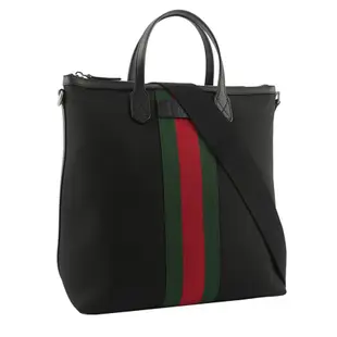 【GUCCI 古馳】科技尼龍綠紅織帶手提/斜背二用包(黑色)/ 平行輸入