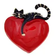 Rich red, shiny heart with comfy cat resting on top. Puffed up. Pin, brooch.