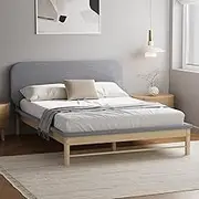 Oikiture Bed Frame Double with Padded Fabric Edges, Wooden Bed Frame with Pine Headboard Base, Double for Home Bedroom Furniture