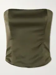 [STAUD] STAUD - Brunswick Strapless Silk-blend Satin Top - Army green - US6 US 6 Green