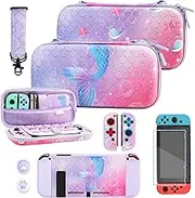 RHOTALL Purple Carrying Case for Nintendo Switch, Cute Storage Case for Switch Accessories with Hard Protective Case, Screen Protector, Adjustable Shoulder Strap and 2 Thumb Caps - Mermaid