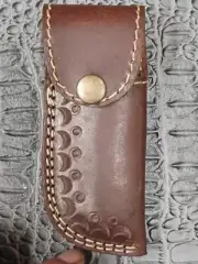 Close Top w Button Strap Engraved Center Belt Loop Pocket Knife Leather Sheath
