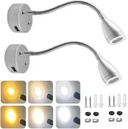 ZIAERKOR 12V RV Reading Lights Interior Dimmable USB,12 Volt RV led Lights Reading Lamps for Bed, 5.9''Flexible Goosneck Light for Boat Camper Van 3 Colors Touch Control- 2 Pack (Silver)